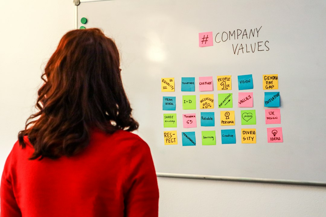 Person standing in front of a whiteboard mapping organisational culture and values